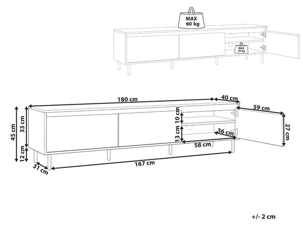 TV stolík tmavé drevo MDF 180 x 40 x 43 cm čierne kovové nohy 3 dvierka úložný priestor moderný štýl obývačka spálňa