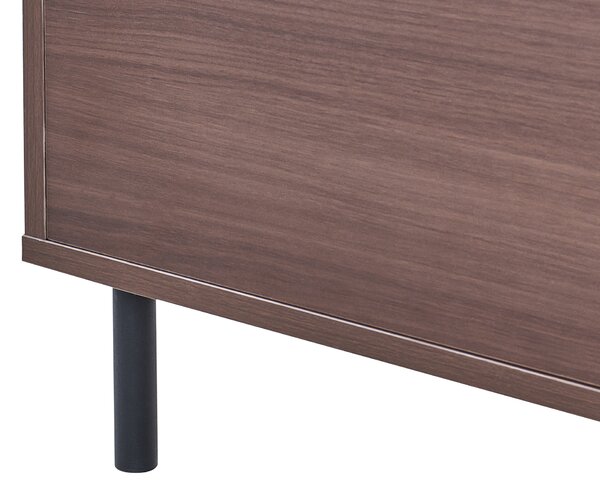 TV stolík tmavé drevo MDF 180 x 40 x 43 cm čierne kovové nohy 3 dvierka úložný priestor moderný štýl obývačka spálňa