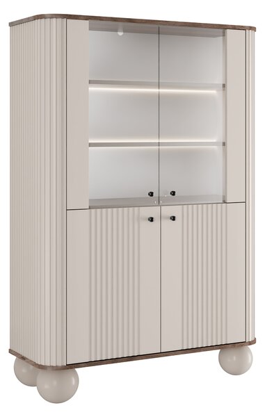 Vitrína Vesper 103 cm štvordverová - kašmír / orech / čierne úchytky / guľaté nohy