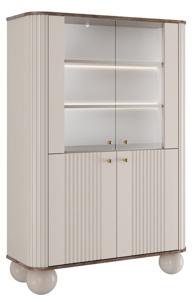 Vitrína Vesper 103 cm štvordverová - kašmír / orech / zlaté úchytky / guľaté nohy