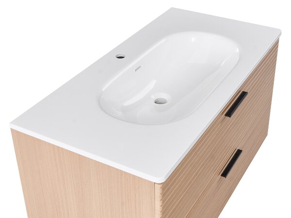 Závesná kúpeľňová skrinka na stenu svetlohnedá MDF 100 x 50 cm s 2 zásuvkami a umývadlom