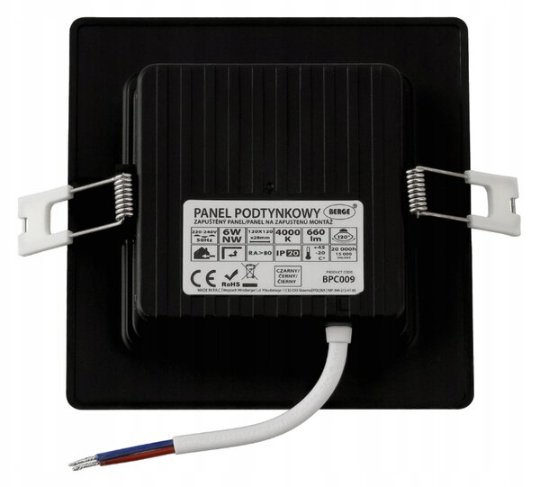 LED panelové stropní svítidlo pro zapuštěnou montáž 6W, černé čtvercové, 4000K