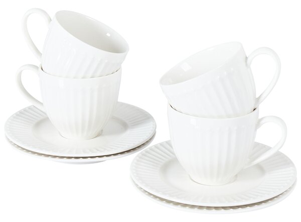 Sada 4 šálok s podšálkami biela porcelán kaolín lesklá povrchová úprava pre 4 osoby šálky na čaj klasický dizajn kuchyňa jedáleň