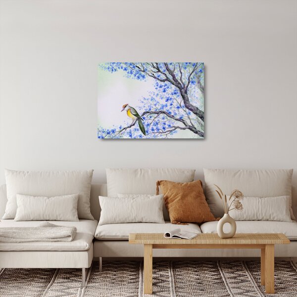 Sklenený obraz - Vtáčik na strome s modrými kvetmi (70x50 cm)