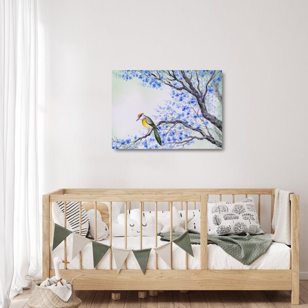 Sklenený obraz - Vtáčik na strome s modrými kvetmi (70x50 cm)