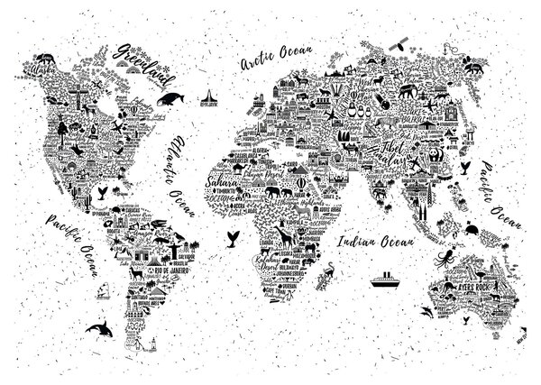 Sklenený obraz - Mapa z piktogramov (70x50 cm)