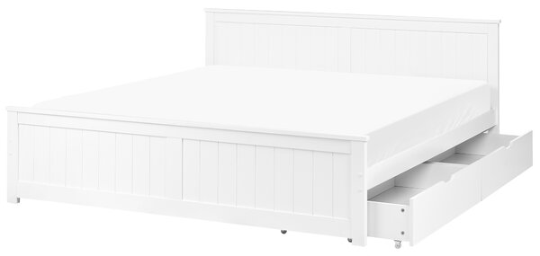 Posteľ biela borovicové drevo MDF 180 x 200 cm s čelom a úložnými zásuvkami minimalistický škandinávsky štýl spálňa detská izba