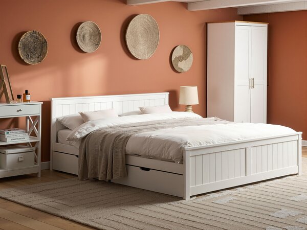 Posteľ biela borovicové drevo MDF 180 x 200 cm s čelom a úložnými zásuvkami minimalistický škandinávsky štýl spálňa detská izba