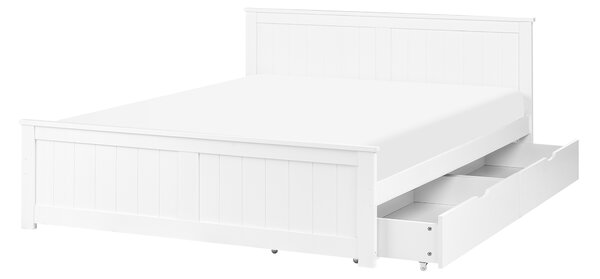 Posteľ biela borovicové drevo MDF 140 x 200 cm s čelom a úložnými zásuvkami minimalistický škandinávsky štýl spálňa detská izba