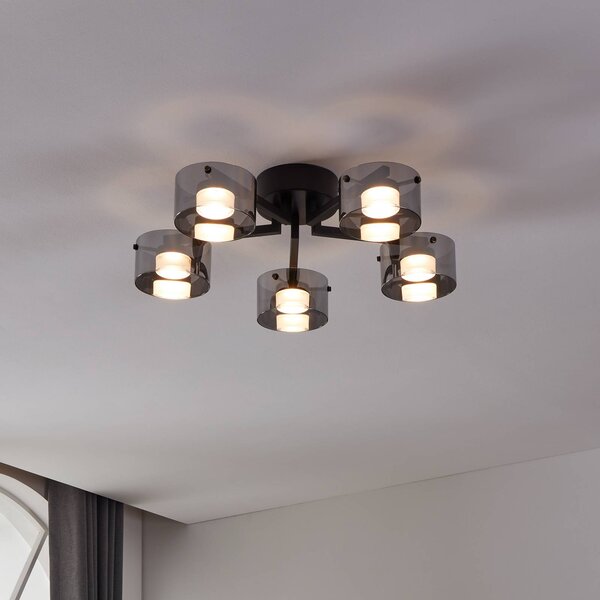 Stropné LED svetlo Copillos, čierne Ø 66 cm sklo/kov 5-pl., Čierna, Obývacia izba / jedáleň, Sklo, Moderný, Stropné svetlo polkruhové s priestorom