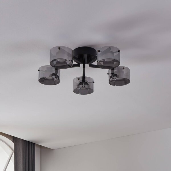 Stropné LED svetlo Copillos, čierne Ø 66 cm sklo/kov 5-pl., Čierna, Obývacia izba / jedáleň, Sklo, Moderný, Stropné svetlo polkruhové s priestorom