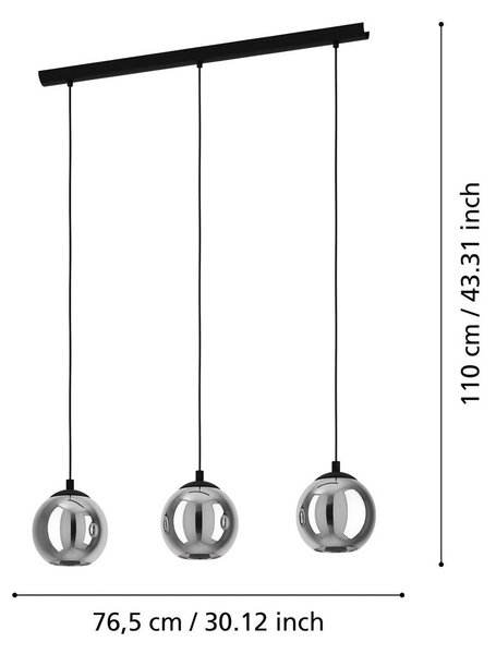Závesné svietidlo Ariscani, dymovo sivá, dĺžka 77 cm, 3-pl. sklo E27, Čierna, Obývacia izba / jedáleň, Sklo, Moderný, Závesné svietidlo
