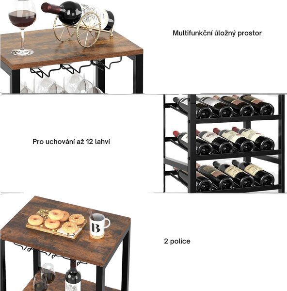 Stojan na víno s držákem na skleničky Houseland Wine hnědý/černý
