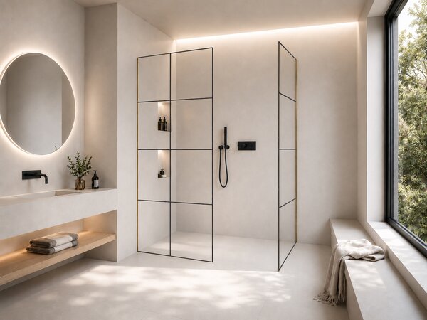 CERANO - Sprchová zástena Walk-in Crystal TL/P - 8 mm - bezvzperový systém - zlatá, industriálne sklo - 90x90x200 cm