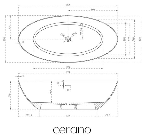 CERANO - Voľne stojaca vaňa z liateho mramoru Emilia - čierna matná/biela matná - 180x85cm