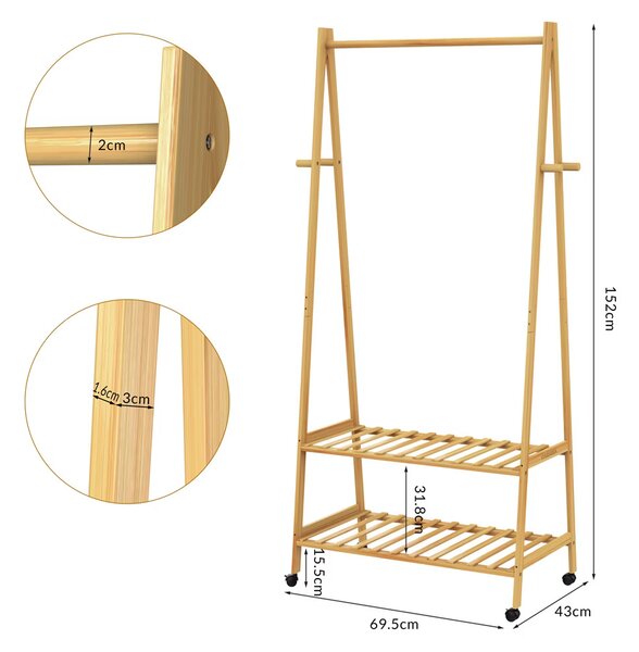 Vešiak na oblečenie s kolieskami 155x70x45cm - bambus
