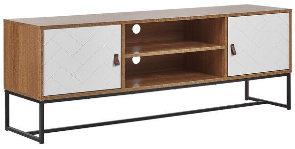 TV skrinka svetlé drevo biela MDF kov 55 x 150 x 40 cm TV stolík 2 police 2 skrinky úložný priestor moderný štýl obývačka