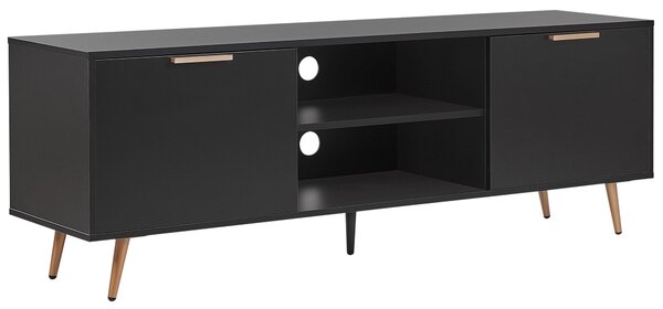 TV stolík čierny z MDF s policami a skrinkami zlaté kovové nohy matná povrchová úprava otvor na káble
