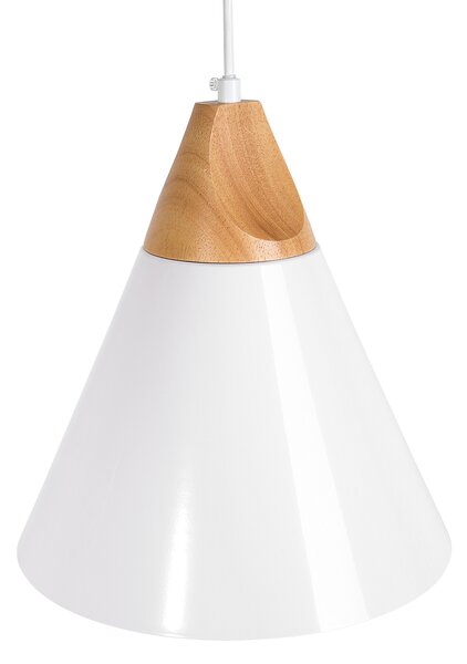 Závesná lampa biely kov a drevo s kužeľovitým tieňom v škandinávskom štýle pre obývaciu izbu jedáleň kuchynský ostrov