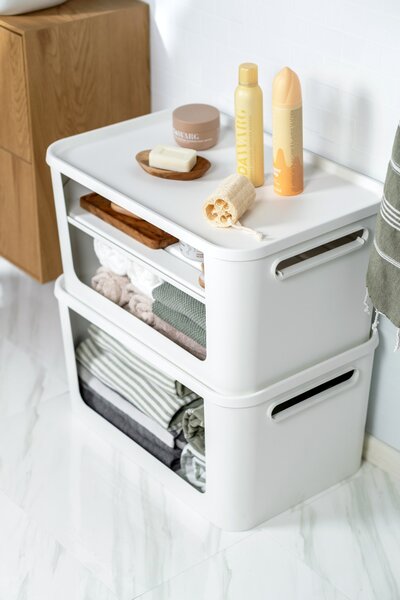 Úložný box s otvorenou prednou hranou, MODULE, s vekom, biely - 59,5 × 39,5 × 30 cm