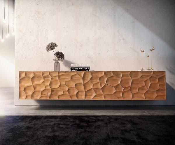 DELIFE TV stolík Solu 220 cm akácia prírodná 2 dvierka 4 zásuvky závesný 3D čelo
