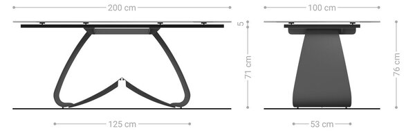DELIFE Jedálenský stôl Edge zaoblený tvar 200x100 reliéfne sklo dymovo čierna 3D dizajn podstava v tvare W kov čierna
