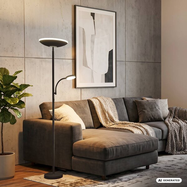Briloner LED stojacia lampa Sira, čierne, dotykový stmievač, na citanie, Čierna, Pracovňa / Kancelária, kov, Moderný, Zemné bodové svetlo