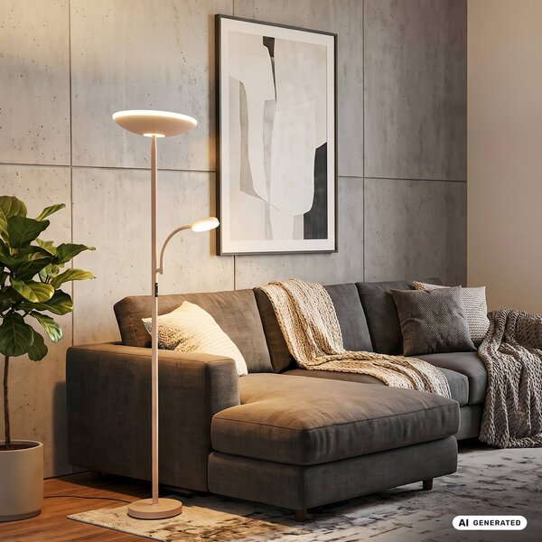 Briloner LED stojacia lampa Sira, béžová, dotykový stmievač, na citanie, Krémová / jantárovo žltá, Pracovňa / Kancelária, kov, Moderný, Zemné bodové svetlo