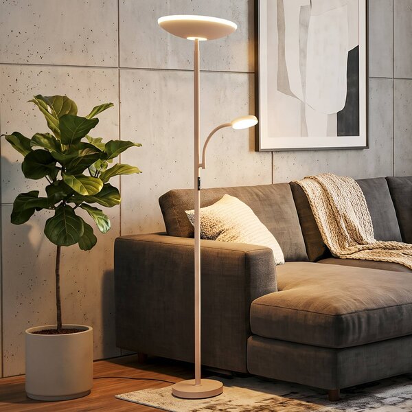 Briloner LED stojacia lampa Sira, béžová, dotykový stmievač, na citanie, Krémová / jantárovo žltá, Pracovňa / Kancelária, kov, Moderný, Zemné bodové svetlo