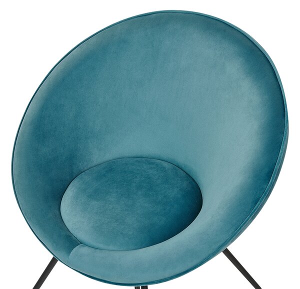 Dizajnové kreslo svetlomodré zamatové čalúnenie okrúhle sedadlo retro minimalistický dizajn