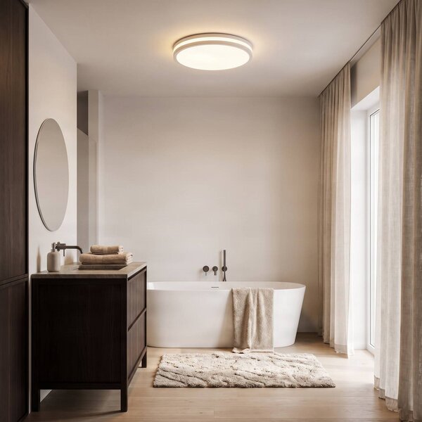 Lindby Arnim LED stropné svietidlo, biele, plast, Ø 49 cm, IP44, Biela / opálová, Kúpeľňa, Plast, Moderný, Závesné svietidlo