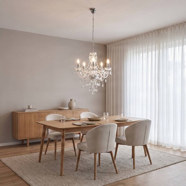 Lindby luster Merida, chróm, kov, 5-pl., Ø 52 cm, Jasné / priehľadné, Obývacia izba / jedáleň, Starožitný, Luster
