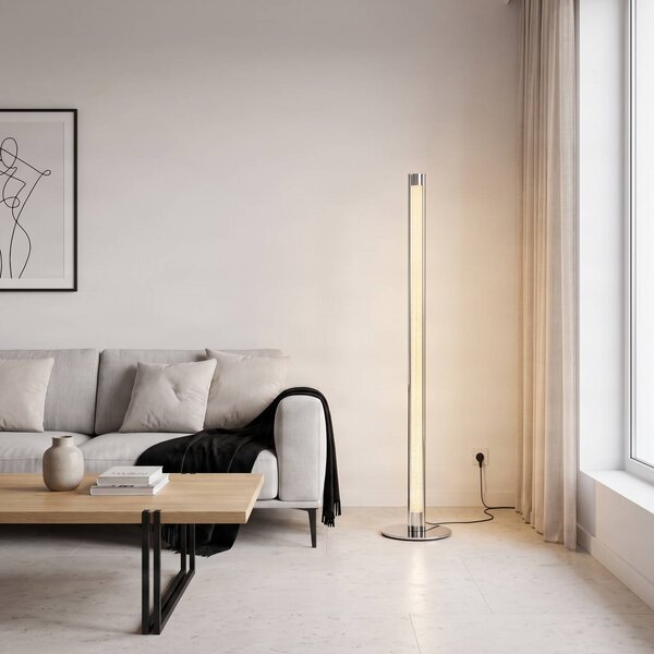 Lindby LED stojacia lampa Hadis, RGB, diaľkové ovládanie, biela, 120 cm, Chrómová / strieborná, Obývacia izba / jedáleň, Plast, Moderný, Stojacie svietidlo