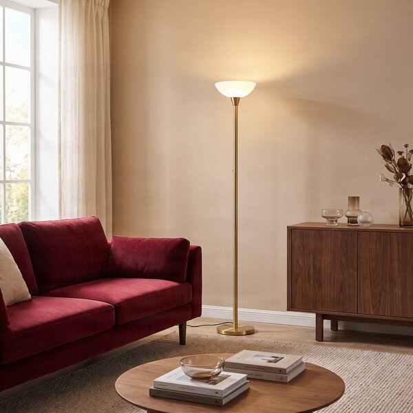 Lindby Stojacia lampa Ignacia, mosadzná farba, sklo, 180 cm, E27, Mosadz / zlato, Obývacia izba / jedáleň, kov, Moderný, Zemné bodové svetlo