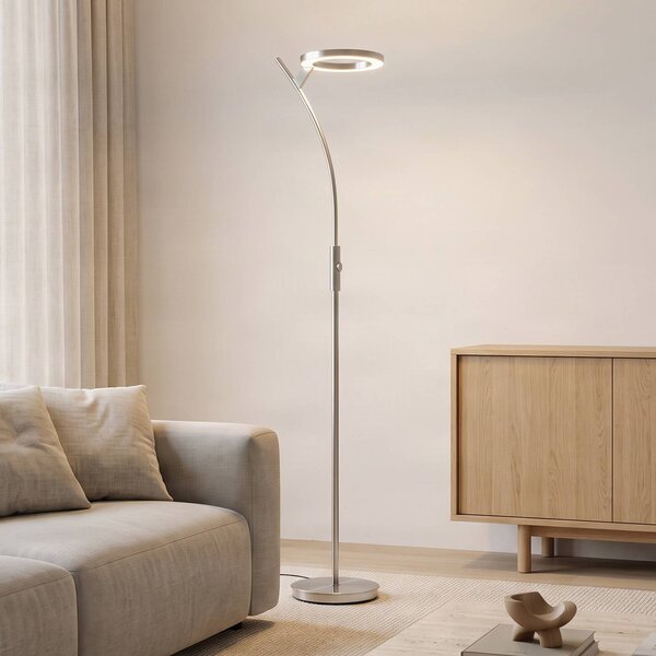 Lindby LED stojacia lampa Darion, sivá, kov, stmievateľná, 180 cm, Hliník / sivá / zinok, Obývacia izba / jedáleň, kov, Moderný, Zemné bodové svetlo