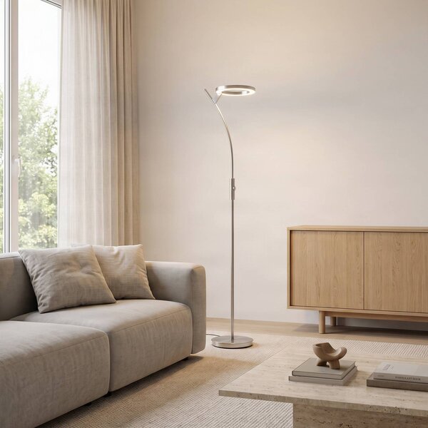 Lindby LED stojacia lampa Darion, sivá, kov, stmievateľná, 180 cm, Hliník / sivá / zinok, Obývacia izba / jedáleň, kov, Moderný, Zemné bodové svetlo