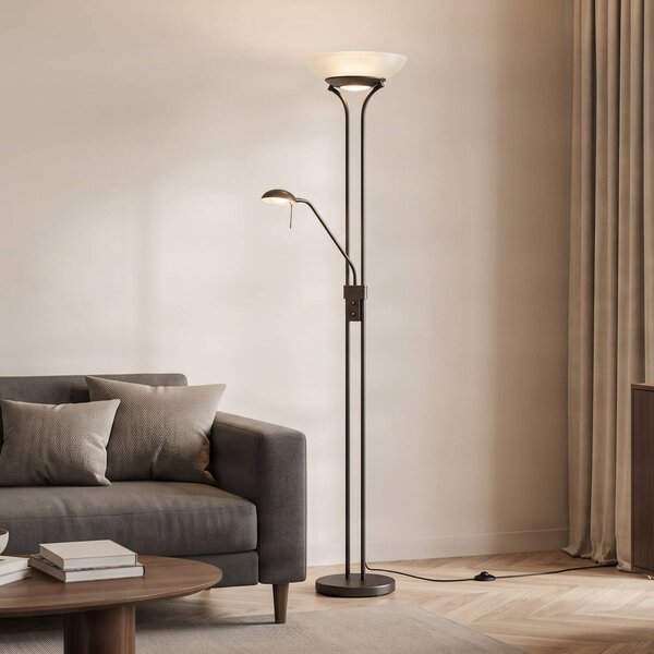 Lindby LED stojacia lampa Yveta, farba hrdze, na citanie, stmievateľná, Hnedá / hrdzavá, Obývacia izba / jedáleň, kov, Vidiecky / Rustikálny, Zemné bodové svetlo