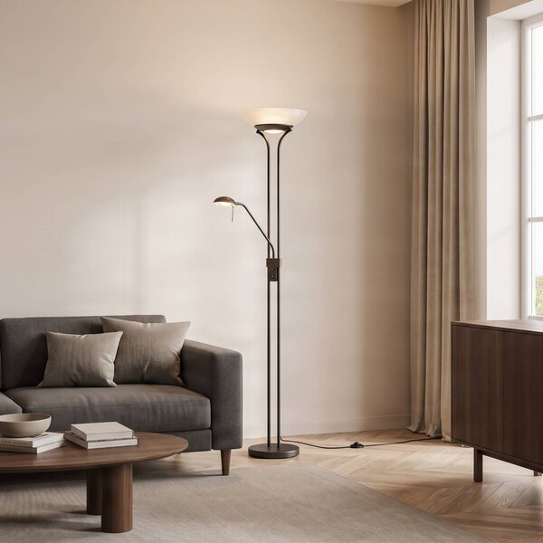 Lindby LED stojacia lampa Yveta, farba hrdze, na citanie, stmievateľná, Hnedá / hrdzavá, Obývacia izba / jedáleň, kov, Vidiecky / Rustikálny, Zemné bodové svetlo