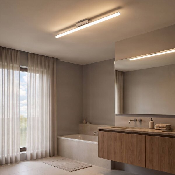 Lindby LED stropné kúpeľňové svietidlo Levke, 116 cm, stmievateľné, IP44, Biela / opálová, Kúpeľňa, Plast, Moderný, Stropné svetlo