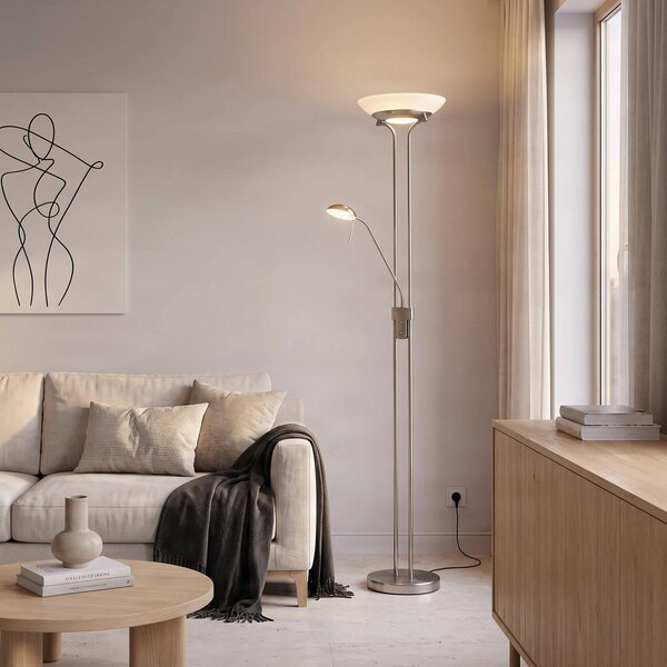 Lindby LED stojacia lampa Yveta, v niklovom odtieni, na citanie,, Hliník / sivá / zinok, Obývacia izba / jedáleň, kov, Moderný, Zemné bodové svetlo