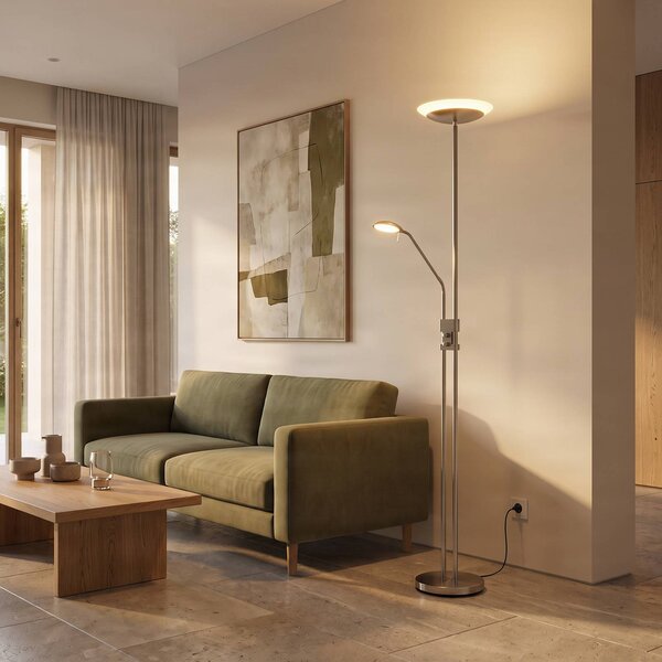 Lindby LED stojacia lampa Jonne, okrúhla, s ramenom na čítanie, stmievateľné,, Hliník / sivá / zinok, Obývacia izba / jedáleň, kov, Moderný, Zemné bodové svetlo