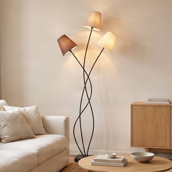 Lindby Stojacia lampa Melis, 130 cm, trojsvetlá, textil, Krémová / jantárovo žltá, Obývacia izba / jedáleň, Textil / látka / hodváb, Moderný, Stojaca lampa