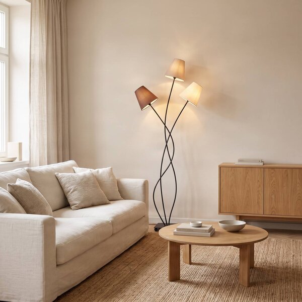 Lindby Stojacia lampa Melis, 130 cm, trojsvetlá, textil, Krémová / jantárovo žltá, Obývacia izba / jedáleň, Textil / látka / hodváb, Moderný, Stojaca lampa