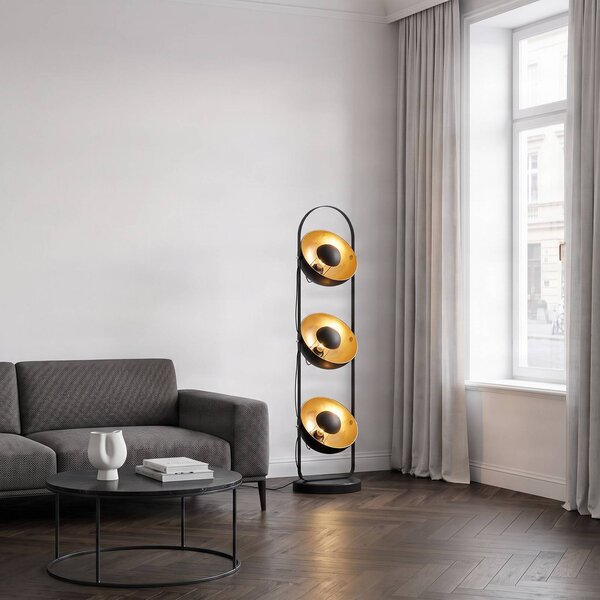 Lindby Stojacia lampa Muriel, 3 svetlá, čierna/zlatá, kov, Čierna, Obývacia izba / jedáleň, kov, Moderný, Stojacie svietidlo