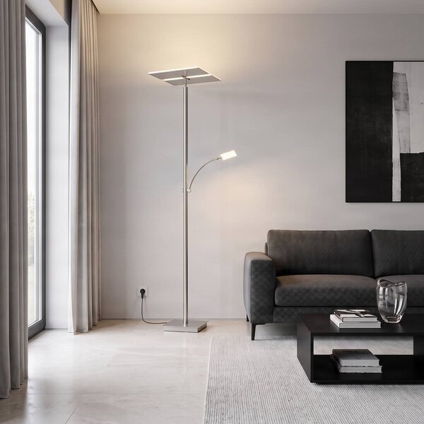 Lucande LED stojacia lampa Parthena, nikl, kov, 180 cm, Hliník / sivá / zinok, Obývacia izba / jedáleň, kov, Moderný, Zemné bodové svetlo