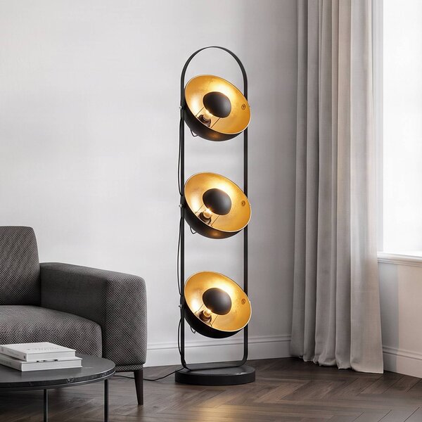 Lindby Stojacia lampa Muriel, 3 svetlá, čierna/zlatá, kov, Čierna, Obývacia izba / jedáleň, kov, Moderný, Stojacie svietidlo