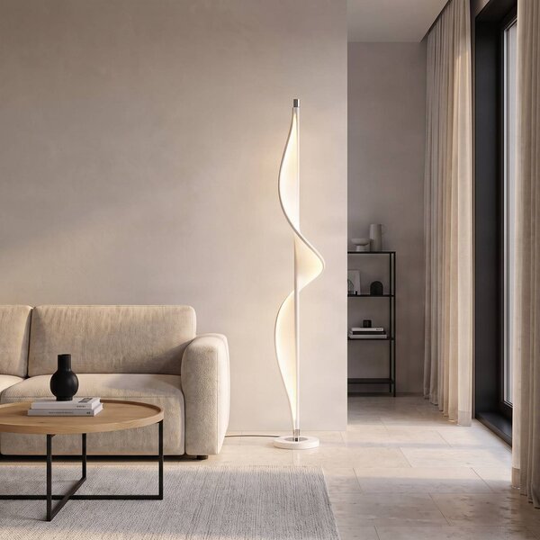 Lucande Stojacia lampa LED Edano, 154 cm, biela, textilná, stmievateľná, Biela / opálová, Obývacia izba / jedáleň, Textil / látka / hodváb, Moderný