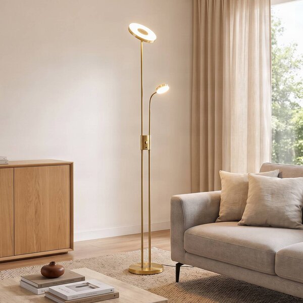 Lindby LED stojacia lampa Seppa, okrúhla, mosadz, kov, 180 cm, Mosadz / zlato, Obývacia izba / jedáleň, kov, Moderný, Zemné bodové svetlo