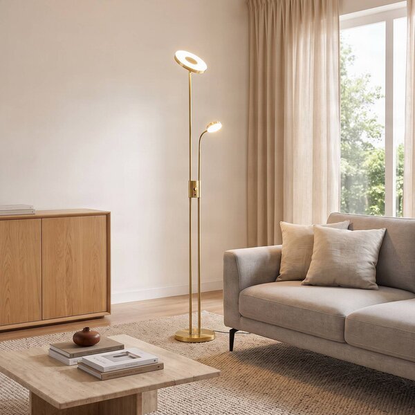 Lindby LED stojacia lampa Seppa, okrúhla, mosadz, kov, 180 cm, Mosadz / zlato, Obývacia izba / jedáleň, kov, Moderný, Zemné bodové svetlo