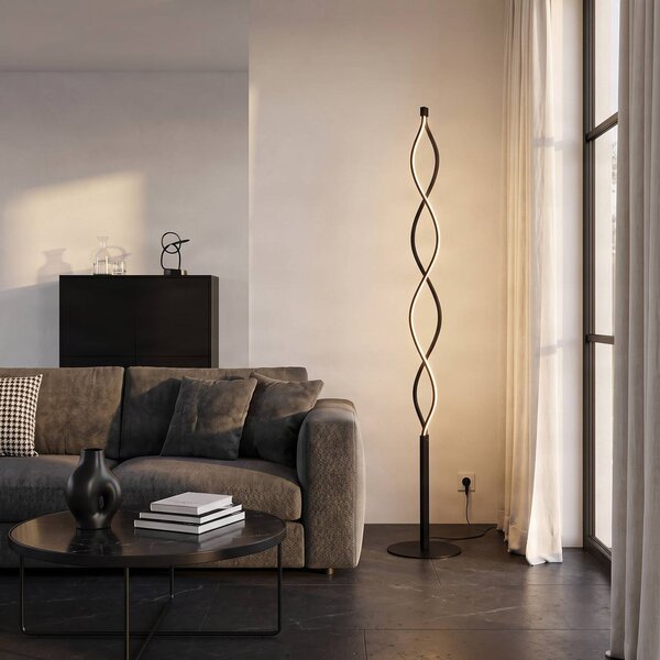 Lindby LED stojacia lampa Welina, čierna, 150 cm, stmievateľná, Čierna, Obývacia izba / jedáleň, kov, Moderný, Stojaca lampa